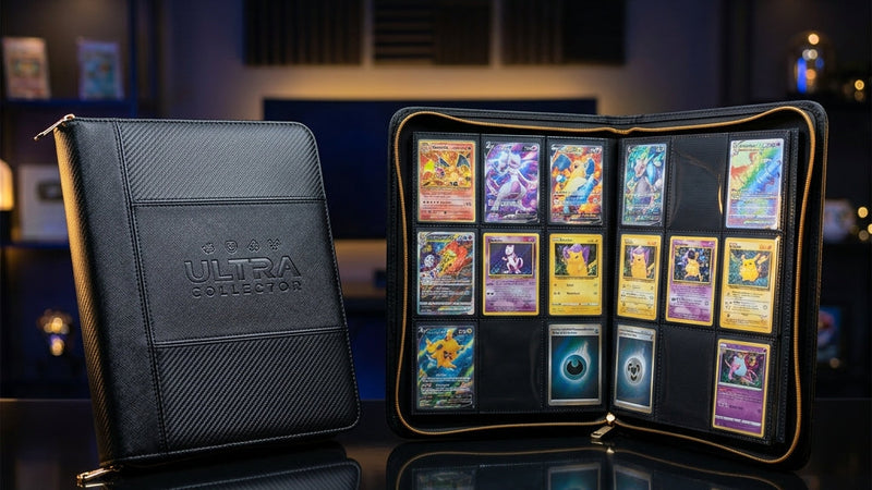 A black textured card collector's case shown closed on the left and open on the right, displaying multiple trading cards in a dark indoor setting with reflections on a glossy surface.