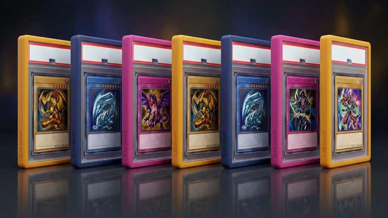 Six Yu-Gi-Oh! trading card booster packs in different colors (yellow, blue, pink, and orange) lined up in a row on a dark reflective surface.