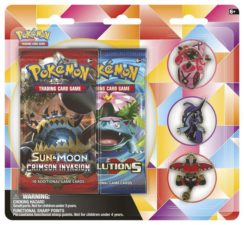 Pokemon XY Evolutions & Crimson Invasion Tapu pin Set Blister 2 Booster Packs