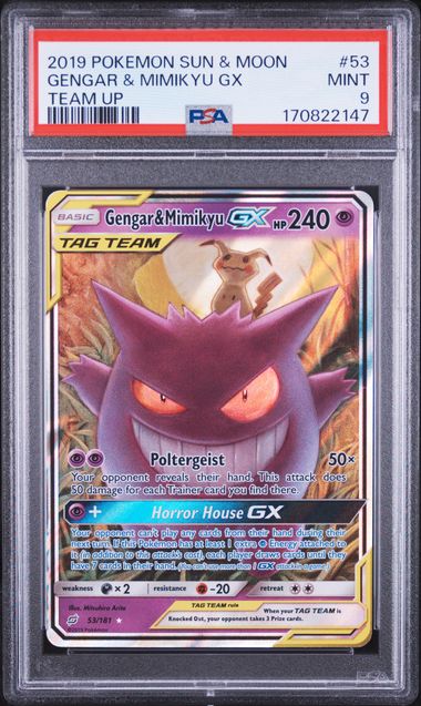 Pokemon PSA 9 Gengar & Mimikyu GX #53 Team Up - Front